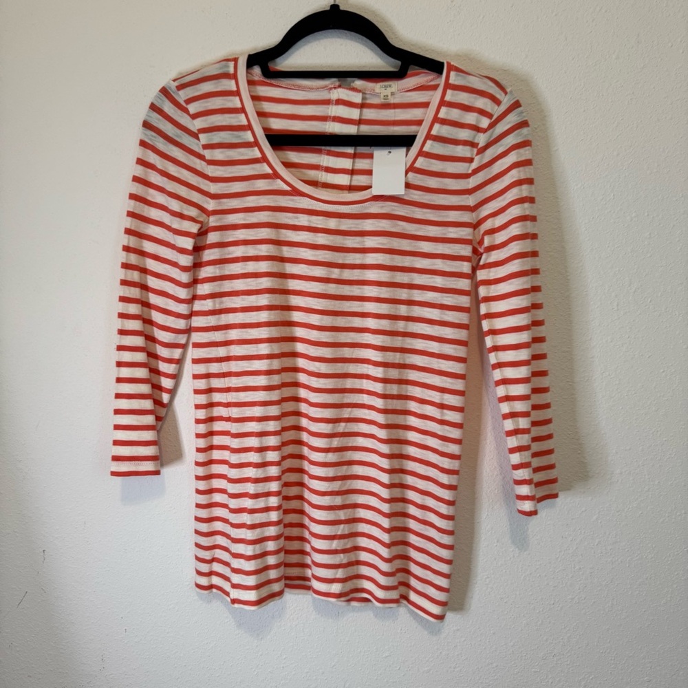 J Crew Orange and white long sleeve 3/4 sleeve knit top back zip size XS NWT